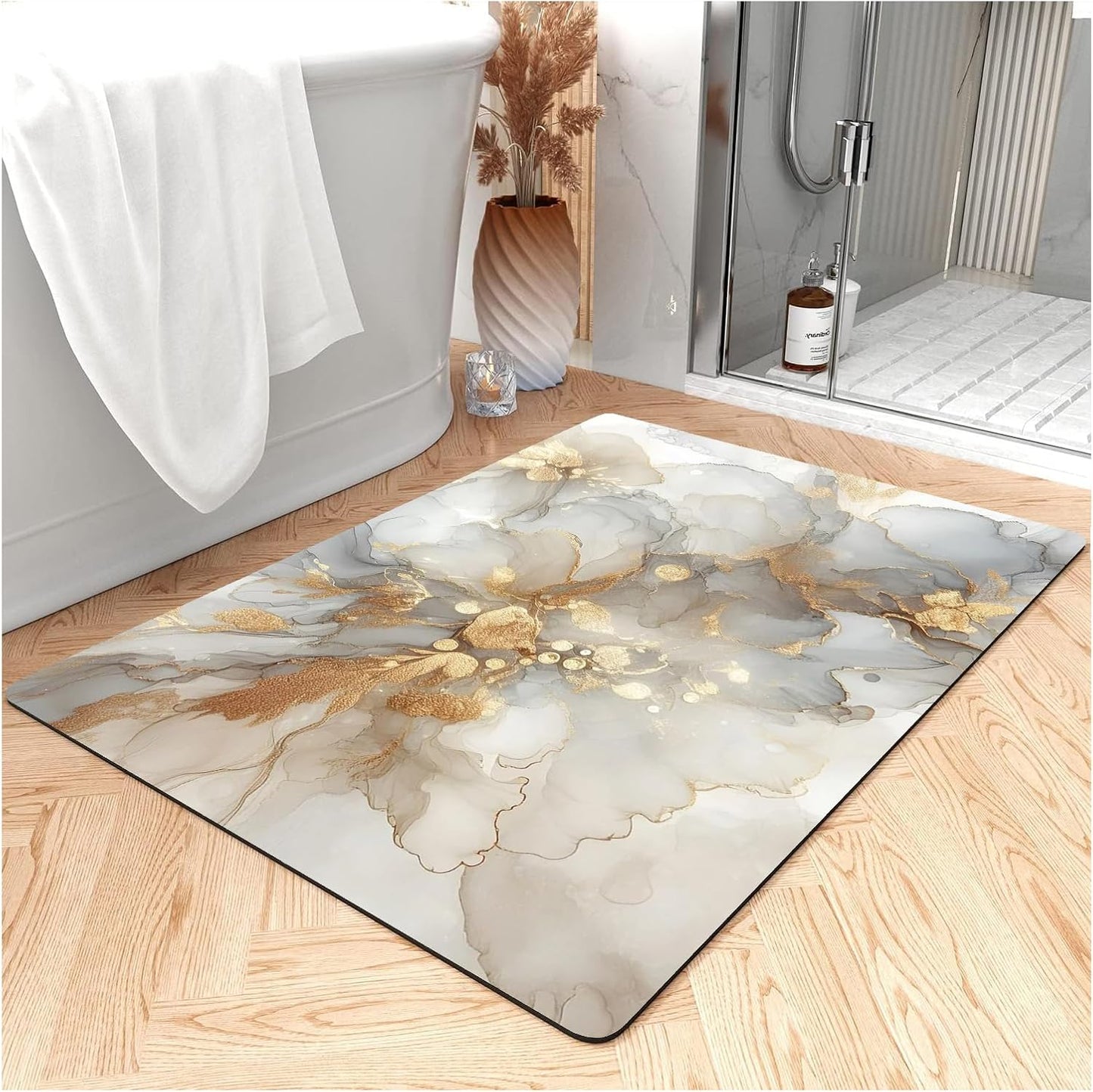 Fast Drying Thin Bath Mat Bathtub Mat | Diatomite Bathmat with Absorbent and Non-Slip Surface Easy to Clean | Colorful Marble Texture Bathroom Rug (3x5ft/36x60in/90x150cm, Pink/Medium Purple)