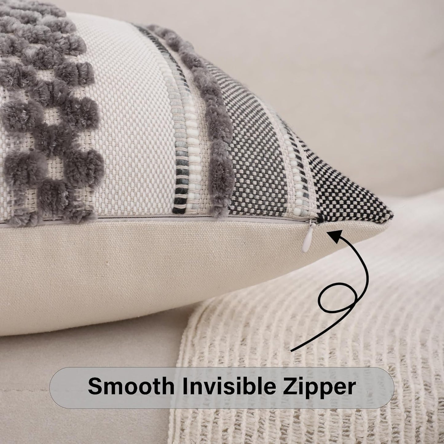 Grey Throw Pillow Covers 18x18 Set of 2 Boho Stripe Pillow Covers Tufted Decorative Pillow Case Accent Pillowcase Farmhouse Cushion Case Nuetral Textured Pillow Cover Spring Home Decor