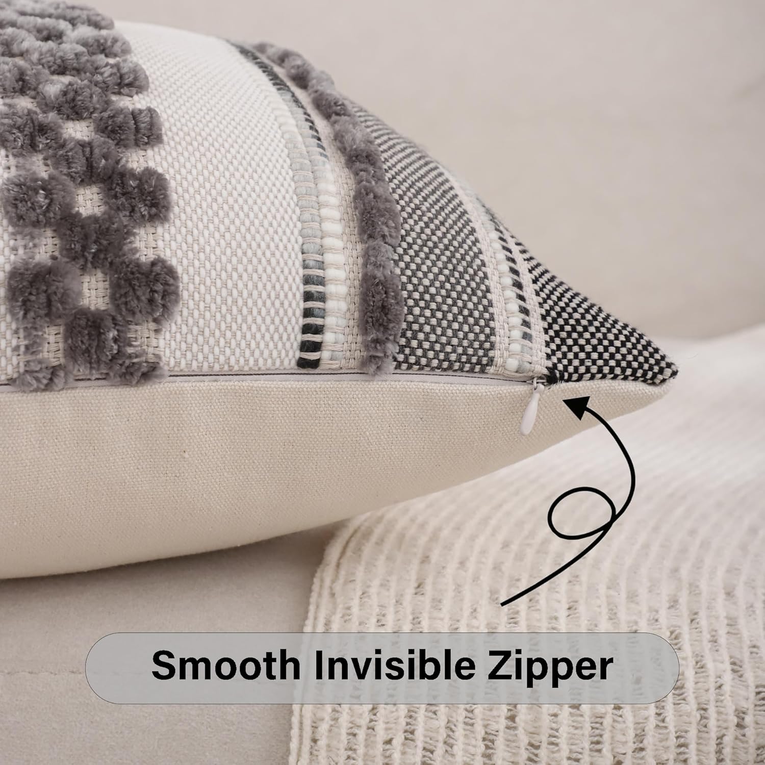 Grey Throw Pillow Covers 18x18 Set of 2 Boho Stripe Pillow Covers Tufted Decorative Pillow Case Accent Pillowcase Farmhouse Cushion Case Nuetral Textured Pillow Cover Spring Home Decor