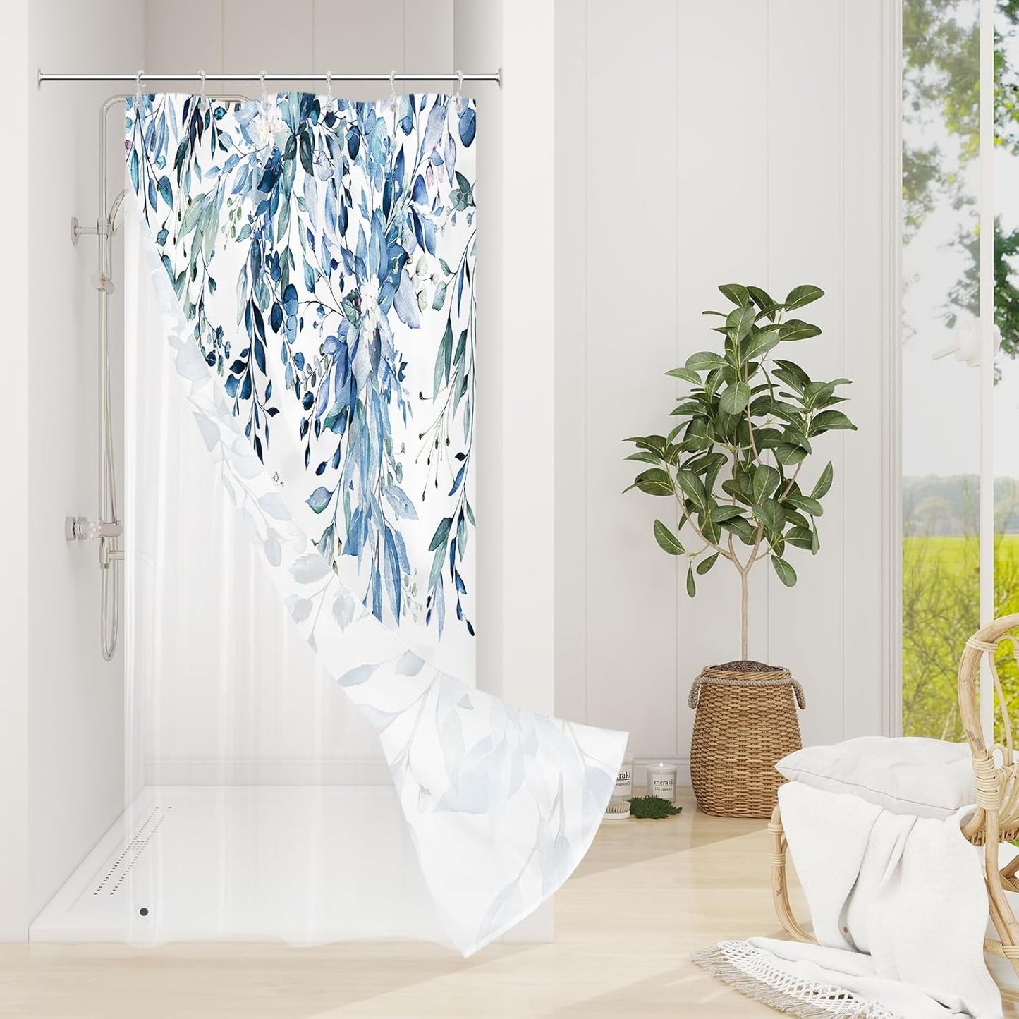 Grey Eucalyptus Shower Curtain, Watercolor Plant Leaves with Floral Bathroom Shower Curtain Set, Gray White, 72x72