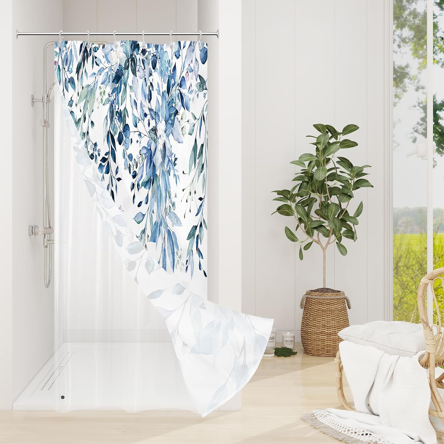 Grey Eucalyptus Shower Curtain, Watercolor Plant Leaves with Floral Bathroom Shower Curtain Set, Gray White, 72x72