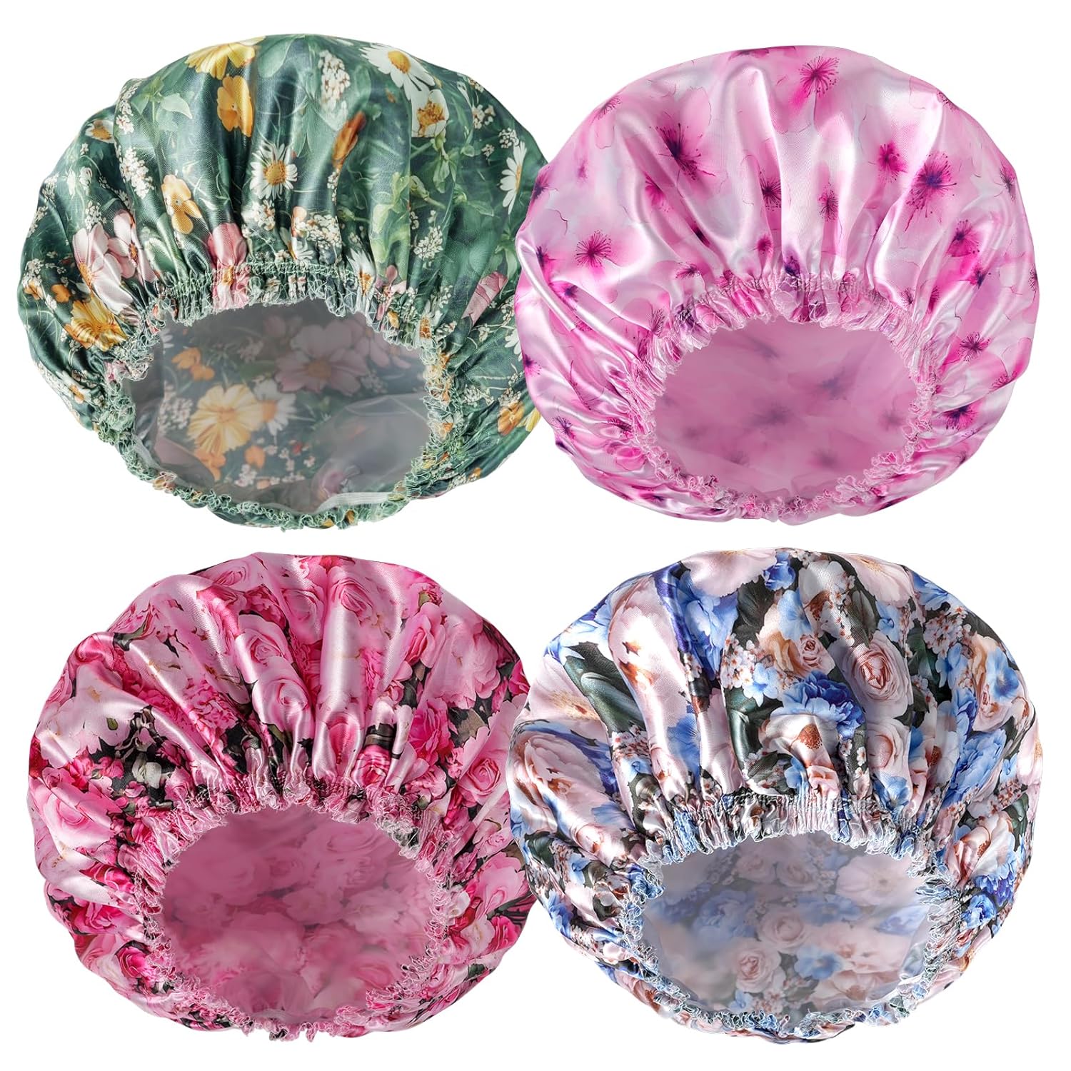 Shower Caps for Women, 4 PCS Elastic and Reusable Bath Caps, Double Waterproof Layers Shower Cap, Bathing Shower Caps, Environmental Protection Hair Bath Hat - Solid Color