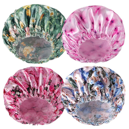 Shower Caps for Women, 4 PCS Elastic and Reusable Bath Caps, Double Waterproof Layers Shower Cap, Bathing Shower Caps, Environmental Protection Hair Bath Hat - Solid Color
