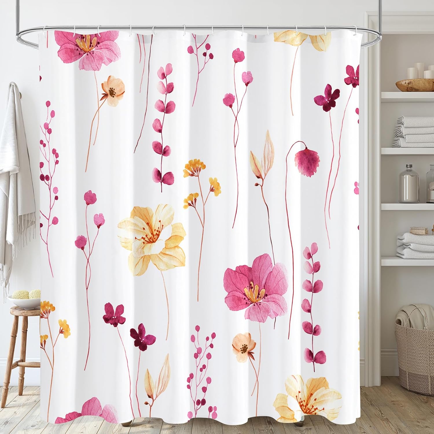 Watercolor Floral Shower Curtain, Sage Green Beige Flower Shower Curtain for Bathroom, Modern Minimalist White Waterproof Fabric Shower Curtain Set 72x72 Inch