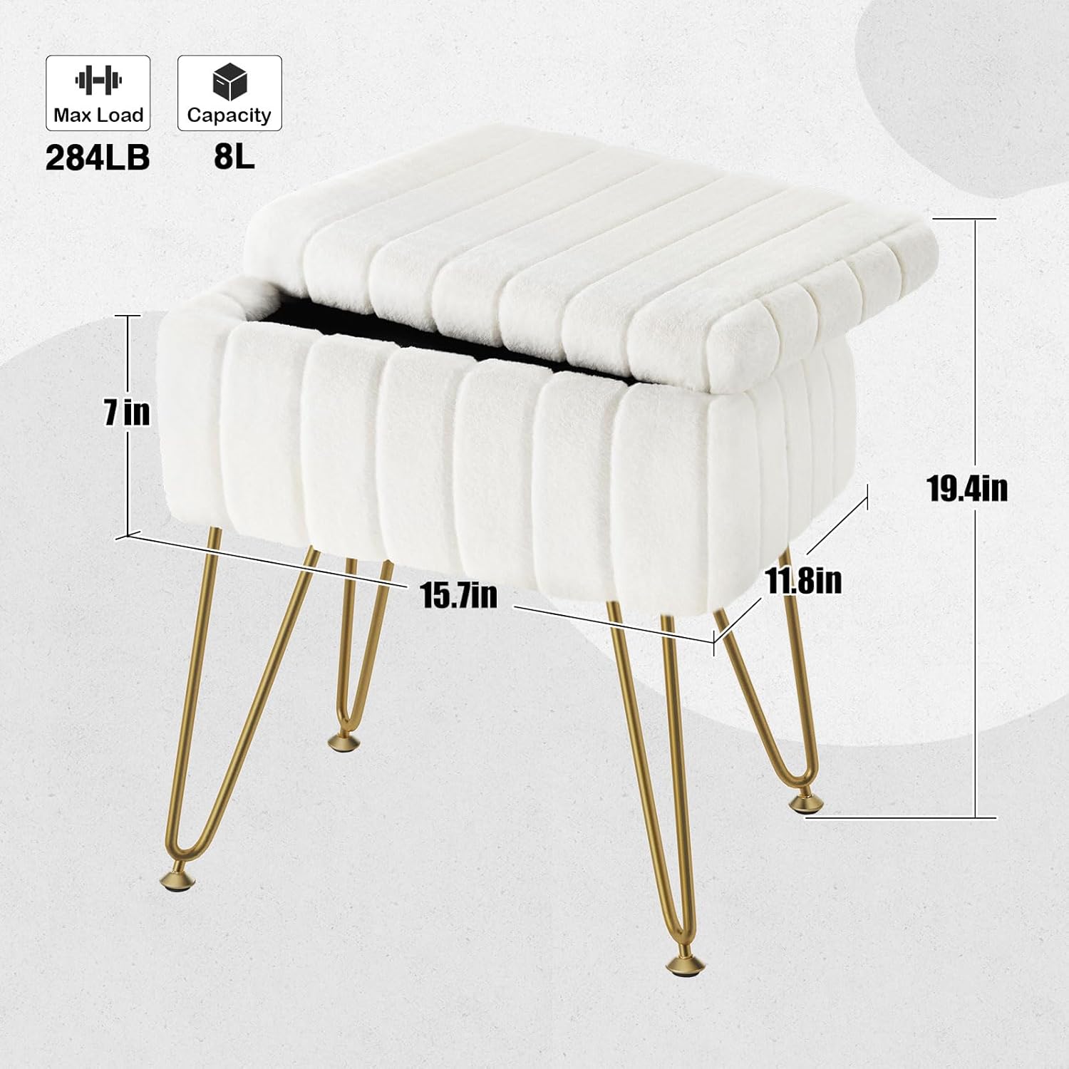 Vanity Stool Chair Faux Fur with Storage, 15.7"L x 11.8"W x 19.4"H Soft Ottoman 4 Metal Legs with Anti-Slip Feet, Furry Padded Seat, Modern Multifunctional Chairs for Makeup, Bedroom White