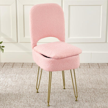 Vanity Chair with Storage and Folding Back, Faux Fur Square Storage Chair, Vanity Stool Chair with 4 Metal Legs for Bedroom, Living Room and Makeup Stations, 13.4"x 15"x 30", White