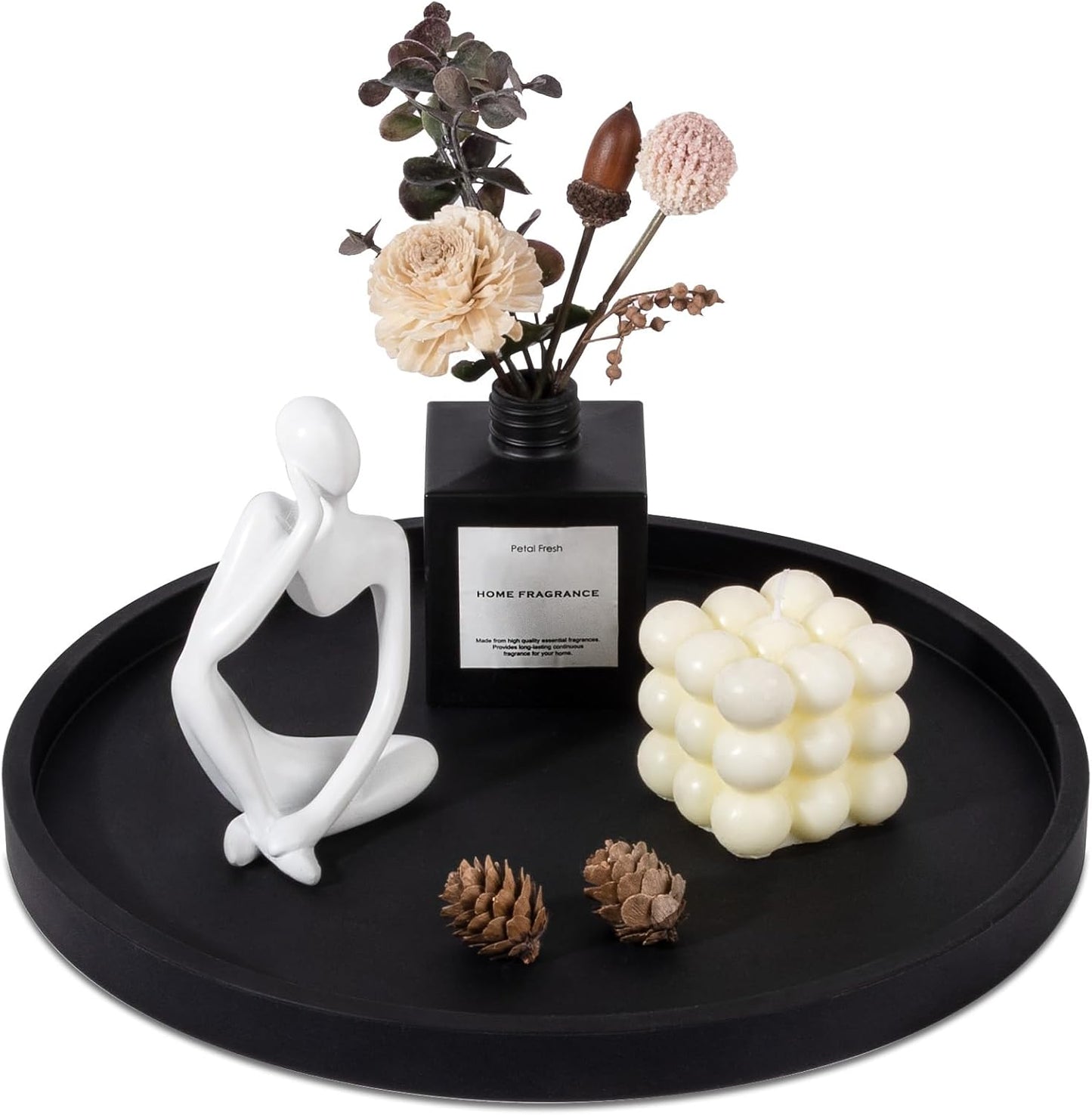 Silicone Bathroom Tray Round Vanity Tray Decorative Soap Holder Kitchen Countertop Organizer Coffee Table Decor for Candle, Perfume, Plant, 9 Inch, Black