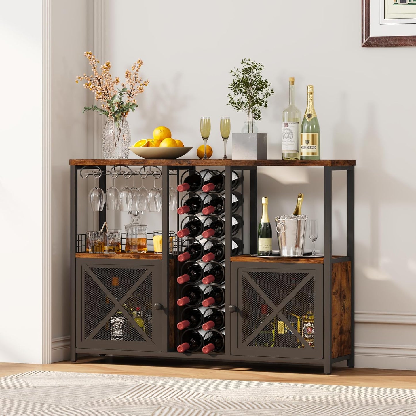 Mini Bars for Home, Wooden Coffee Bar Cabinet, Modern Liquor Cabinet for Liquor and Glasses, Farmhouse Buffet Wine Cabinet with Storage Sideboard for Home Kitchen Dining Room