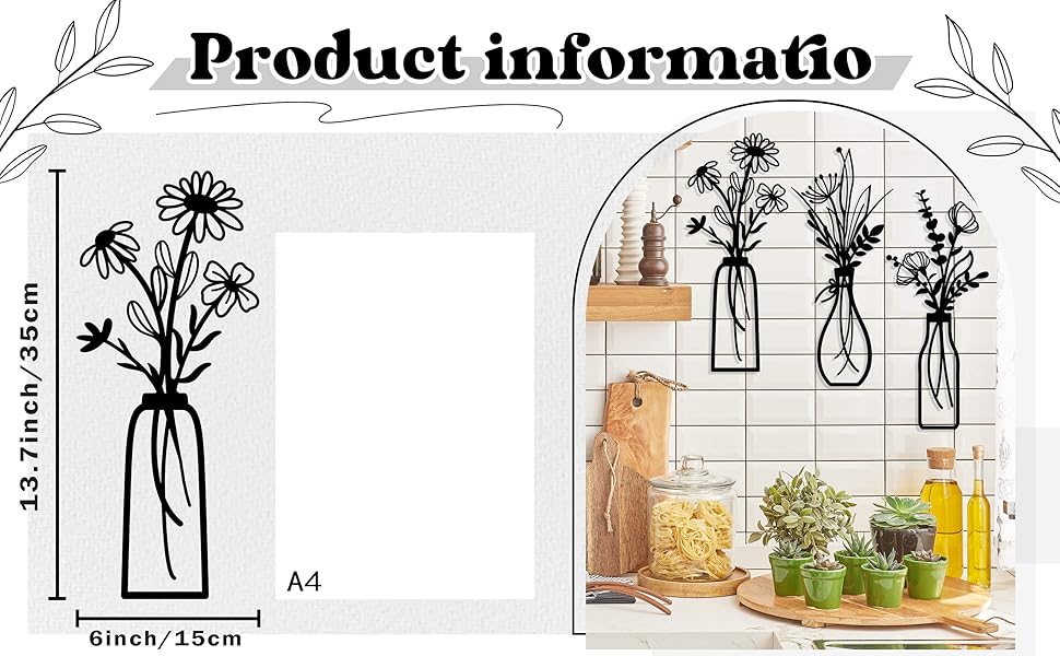 3 Pieces Metal Flowers Wall Arts - Rustic Farmhouse Decor Black Minimalist Flower Wall Decors for Living room Bathroom Bedroom Dining Room - Housewarming Gifts(Black, Vase-C)