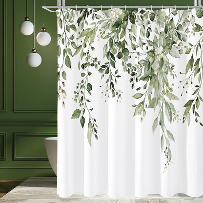 Grey Eucalyptus Shower Curtain, Watercolor Plant Leaves with Floral Bathroom Shower Curtain Set, Gray White, 72x72