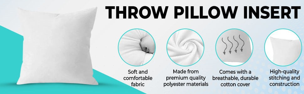 QUBA LINEN 18 x 18 Throw Pillow Insert - Pack of 2 White, Down Alternative Pillow Inserts for Decorative Pillow Covers, Throw Pillows for Bed, Couch Pillows for Living Room (Pack of 2)