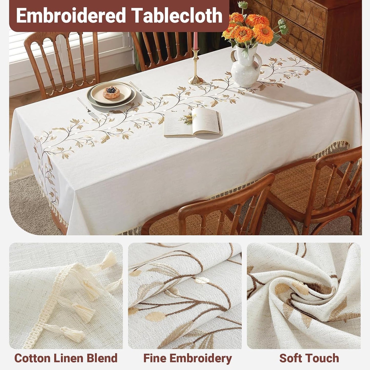 Cotton Linen Waterproof Table Cloth for Dining Table Farmhouse Kitchen Rectangle Tablecloth Coffee Wrinkle Free Tables Cover, Beige, Coffee Flower, 55x70 Inch