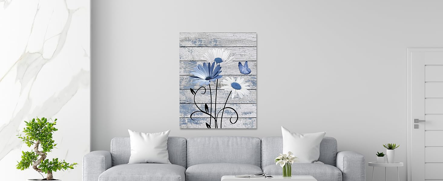 Farmhouse Floral Wall Art for Living Room, Blue and White Daisy Flower and Butterfly on Rustic Wood Board Canvas Wall Art Framed Artwork Ready to Hang for Bathroom Bedroom Decor, 16L X 12W