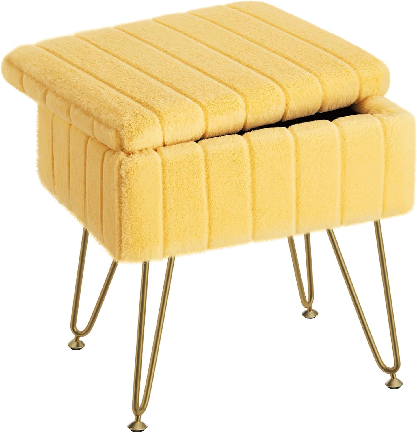 Vanity Stool Chair Faux Fur with Storage, 15.7"L x 11.8"W x 19.4"H Soft Ottoman 4 Metal Legs with Anti-Slip Feet, Furry Padded Seat, Modern Multifunctional Chairs for Makeup, Bedroom White