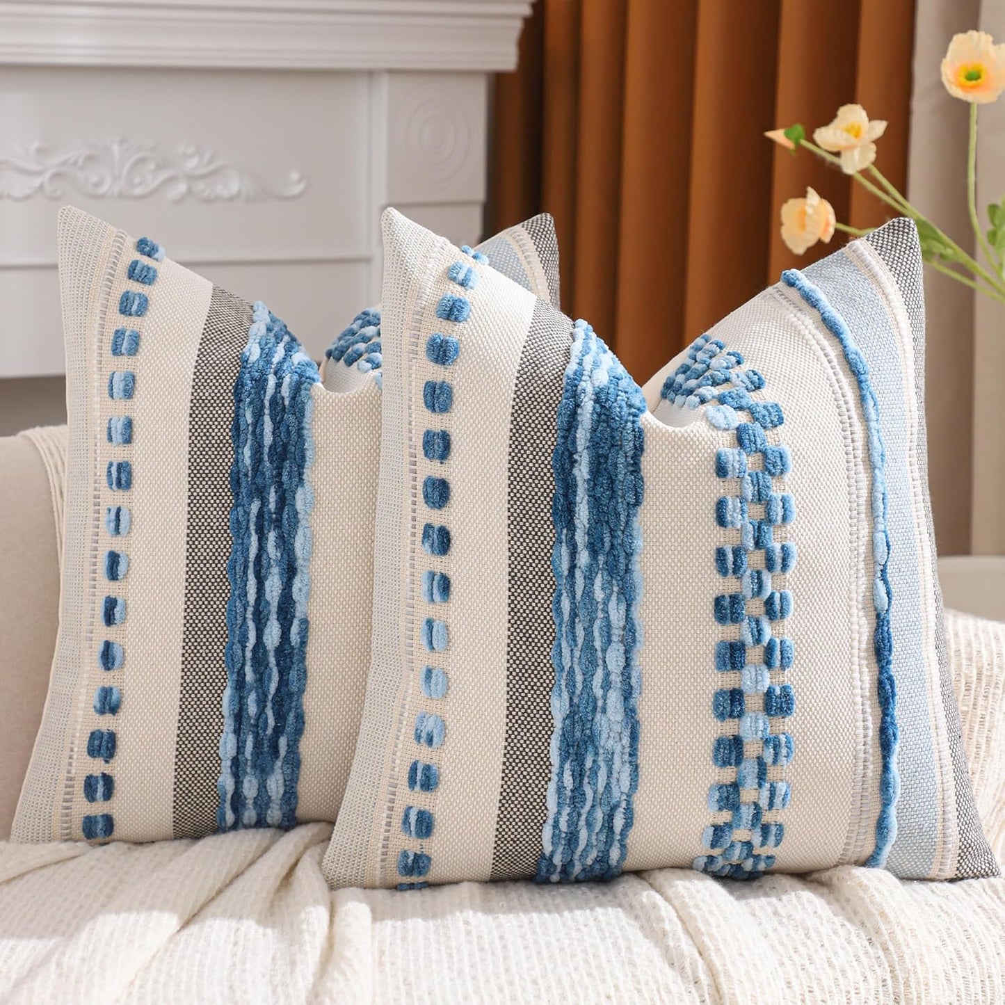 Grey Throw Pillow Covers 18x18 Set of 2 Boho Stripe Pillow Covers Tufted Decorative Pillow Case Accent Pillowcase Farmhouse Cushion Case Nuetral Textured Pillow Cover Spring Home Decor