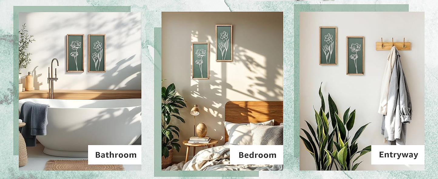 3D Floral Green Wall Art (Set of 2) Lightweight, Wooden Ready-to-Hang Boho Framed Wall Art for Bathroom, Bedroom, Living Room or Office – Premium Sage Green Farmhouse Decor – Gift-Boxed