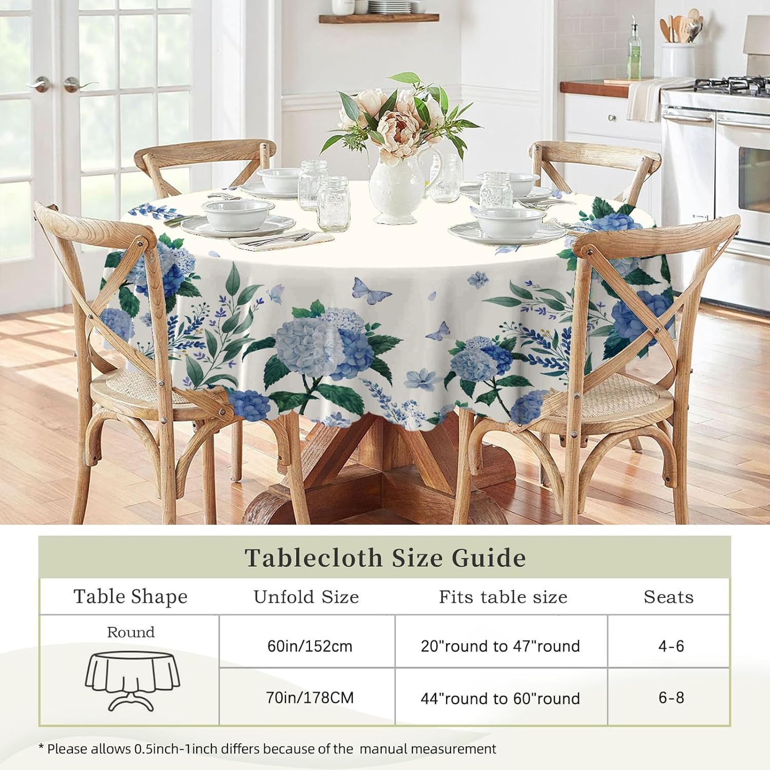 Round Tablecloth, Summer Tablecloths Polyester Waterproof Stain Wrinkle Free, Indoor and Outdoor Table Cover for Kitchen Party Dining Table