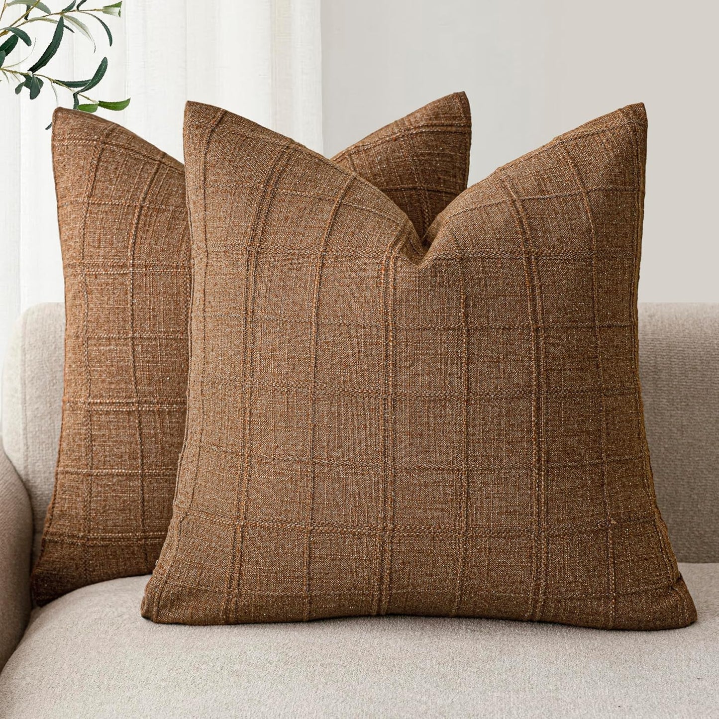 Foindtower Set of 2 Decorative Linen Check Throw Pillow Covers Neutral Farmhouse Vintage Cushion Covers Modern Boho Home Decor for Sofa Chair Couch Bedroom Living Room,18×18 Inch,Natural Beige