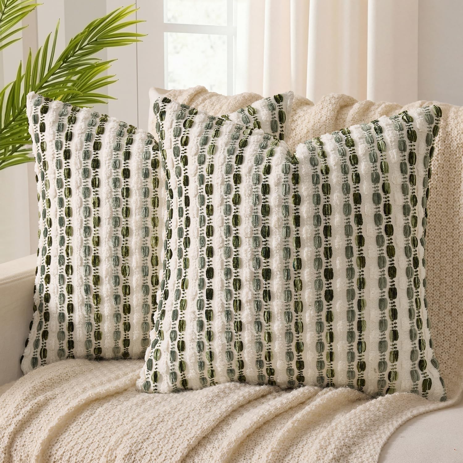 ANRODUO Pack of 2 Boho Decorative Throw Pillow Covers 18x18 Farmhouse Cushion Case Striped Chenille Pillow Cases Square Pillow Covers Accent Neutral Pillowcase for Sofa Couch Bed, Olive Green Stripe
