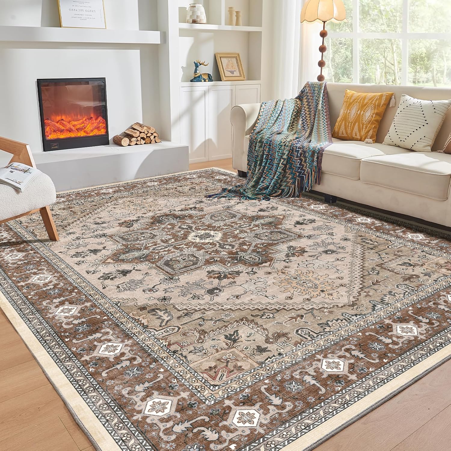 Soft Area Rugs 5x7, 5x7 Washable Rug with Non Slip Backing, 5 x 7 Faux Cashmere Low-Pile Carpet, Navy Blue & Gold