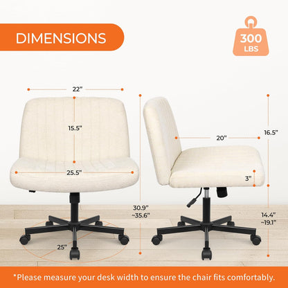 Chair Wheels Wide Cross Legged Office Desk Vanity Chair Comfy Fabric Armless Adjustable Swivel for Home Computer Task (Beige Wheel, Fabric)