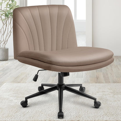 Chair Wheels Wide Cross Legged Office Desk Vanity Chair Comfy Fabric Armless Adjustable Swivel for Home Computer Task (Beige Wheel, Fabric)