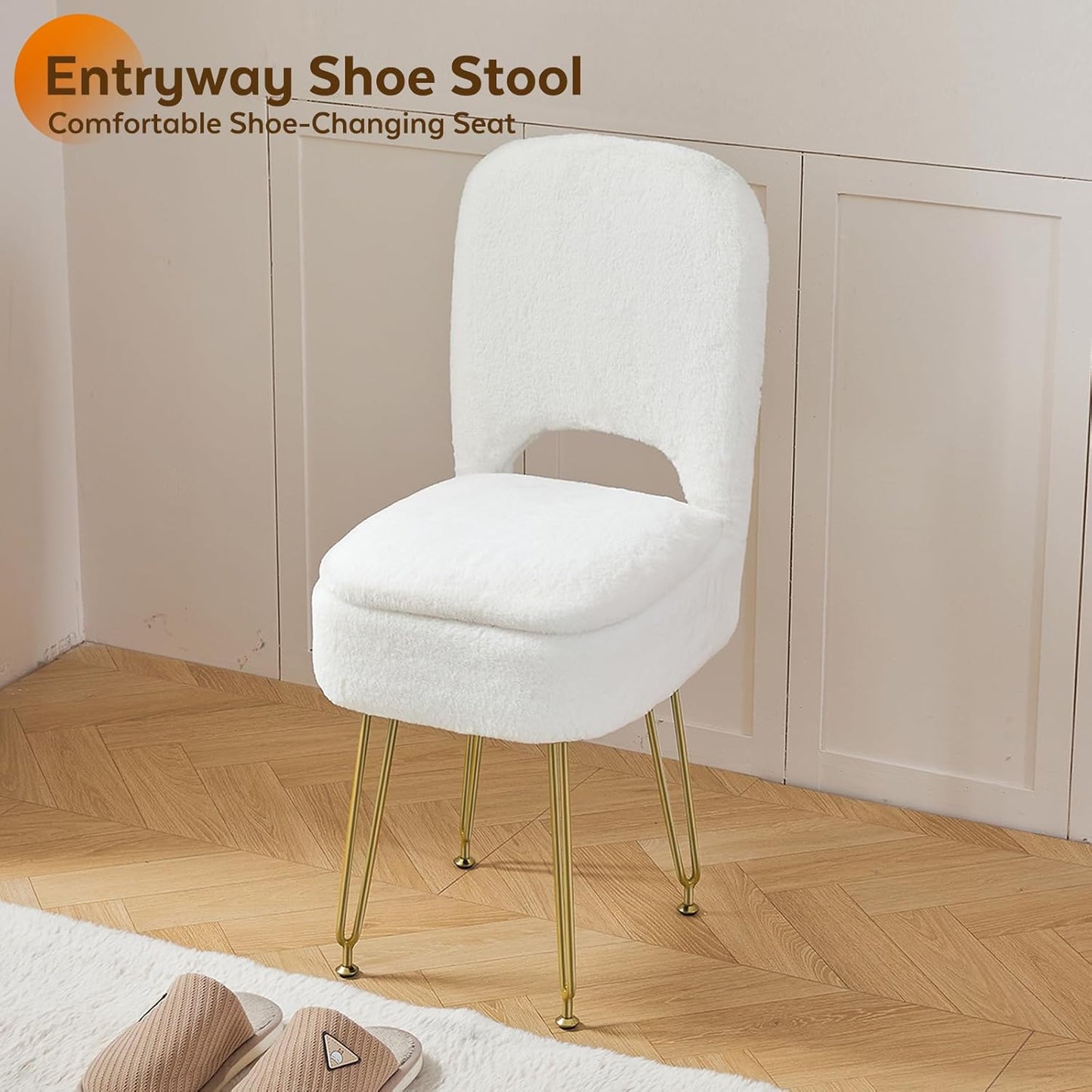 Vanity Chair with Storage and Folding Back, Faux Fur Square Storage Chair, Vanity Stool Chair with 4 Metal Legs for Bedroom, Living Room and Makeup Stations, 13.4"x 15"x 30", White