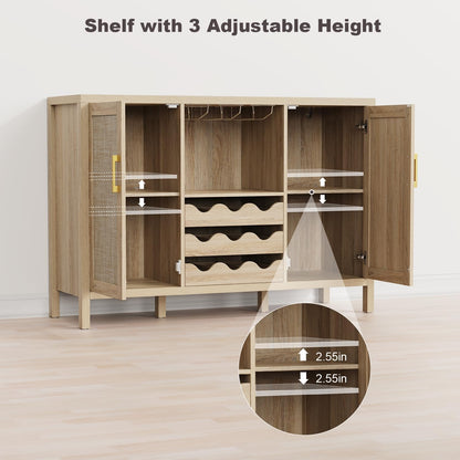 Rattan Wine Bar Cabinet, Boho Rattan Home Bar with Glass Holder and Drawer Style Racks, Oak Sideboard Buffet Storage Cabinet for Living Dining Room Kitchen