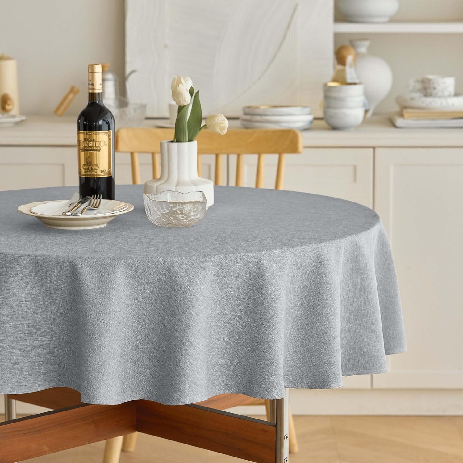 Decorelia Faux Linen Round Tablecloths 60 inch, Waterproof Decorative Washable Texture Rustic Circle Table Cloth Cover for Dining Kitchen Party Farmhouse Outdoor(Round (2-4 Seats),Sage Green)