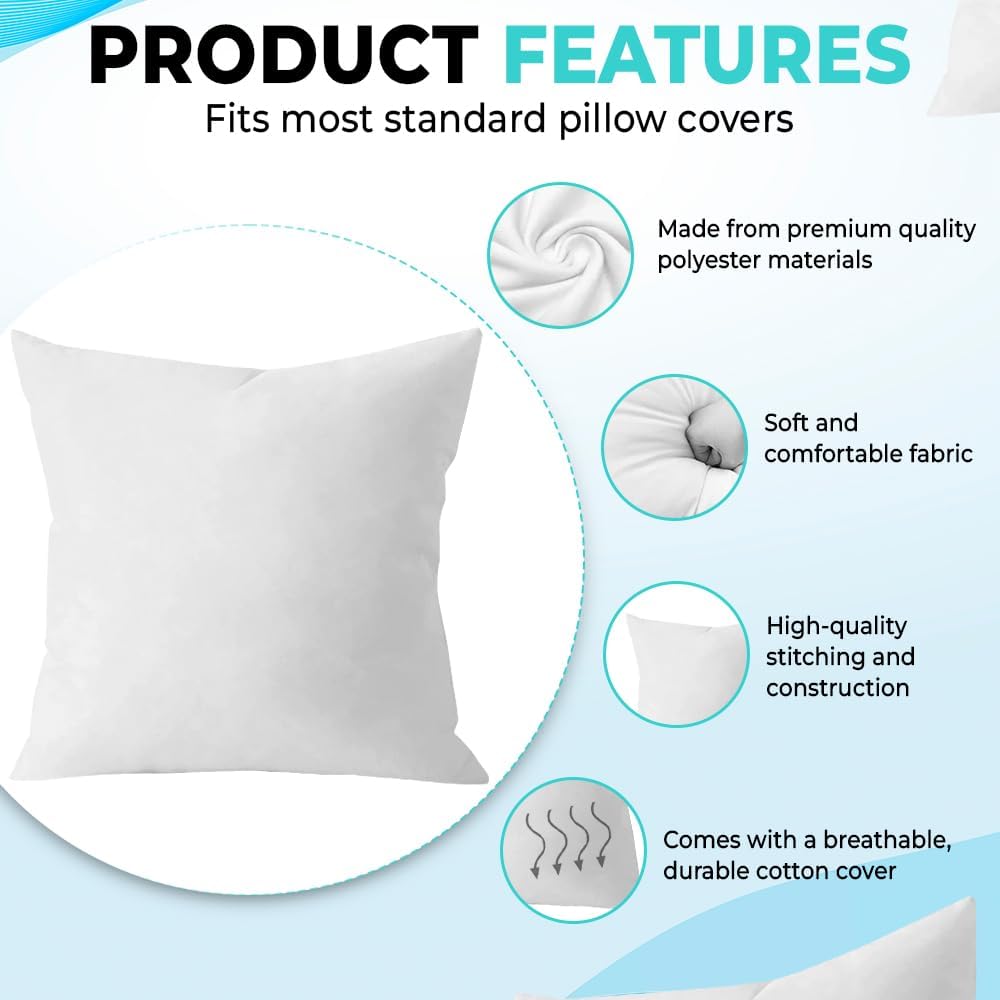 QUBA LINEN 18 x 18 Throw Pillow Insert - Pack of 2 White, Down Alternative Pillow Inserts for Decorative Pillow Covers, Throw Pillows for Bed, Couch Pillows for Living Room (Pack of 2)