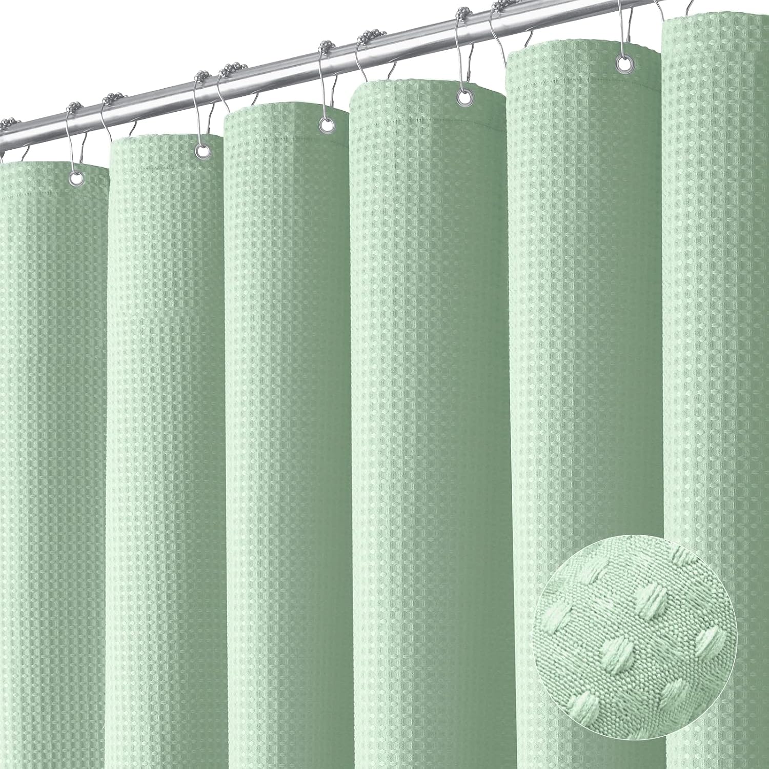 Dynamene Sage Green Shower Curtain - Waffle Textured Heavy Duty Thick Fabric Shower Curtains for Bathroom, 256GSM Luxury Weighted Polyester Cloth Bath Curtain Set with 12 Plastic Hooks，72Wx72H,Green