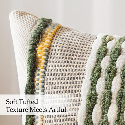 ANRODUO Pack of 2 Boho Decorative Throw Pillow Covers 18x18 Farmhouse Cushion Case Striped Chenille Pillow Cases Square Pillow Covers Accent Neutral Pillowcase for Sofa Couch Bed, Olive Green Stripe