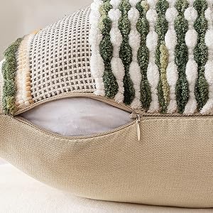 ANRODUO Pack of 2 Boho Decorative Throw Pillow Covers 18x18 Farmhouse Cushion Case Striped Chenille Pillow Cases Square Pillow Covers Accent Neutral Pillowcase for Sofa Couch Bed, Olive Green Stripe