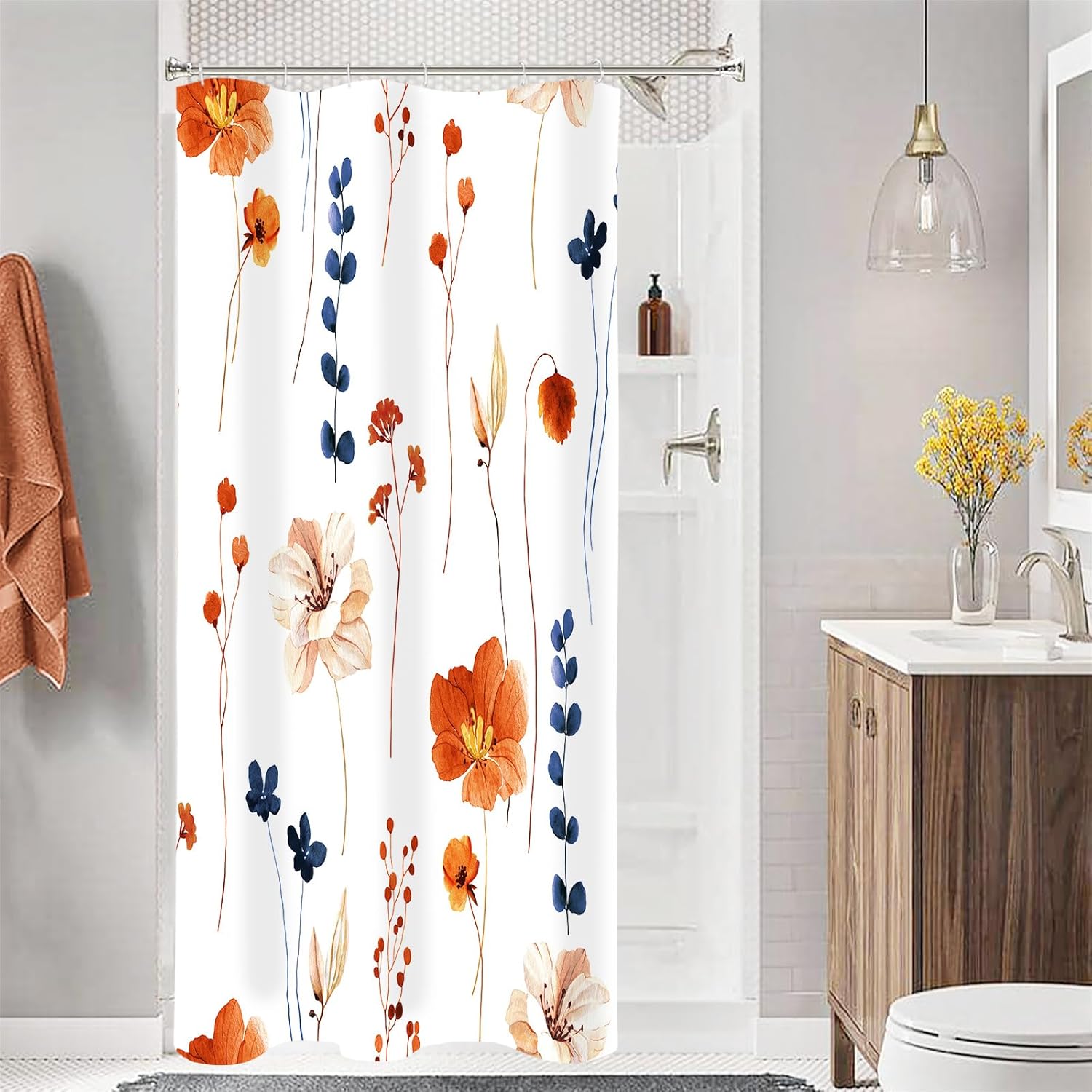 Watercolor Floral Shower Curtain, Sage Green Beige Flower Shower Curtain for Bathroom, Modern Minimalist White Waterproof Fabric Shower Curtain Set 72x72 Inch