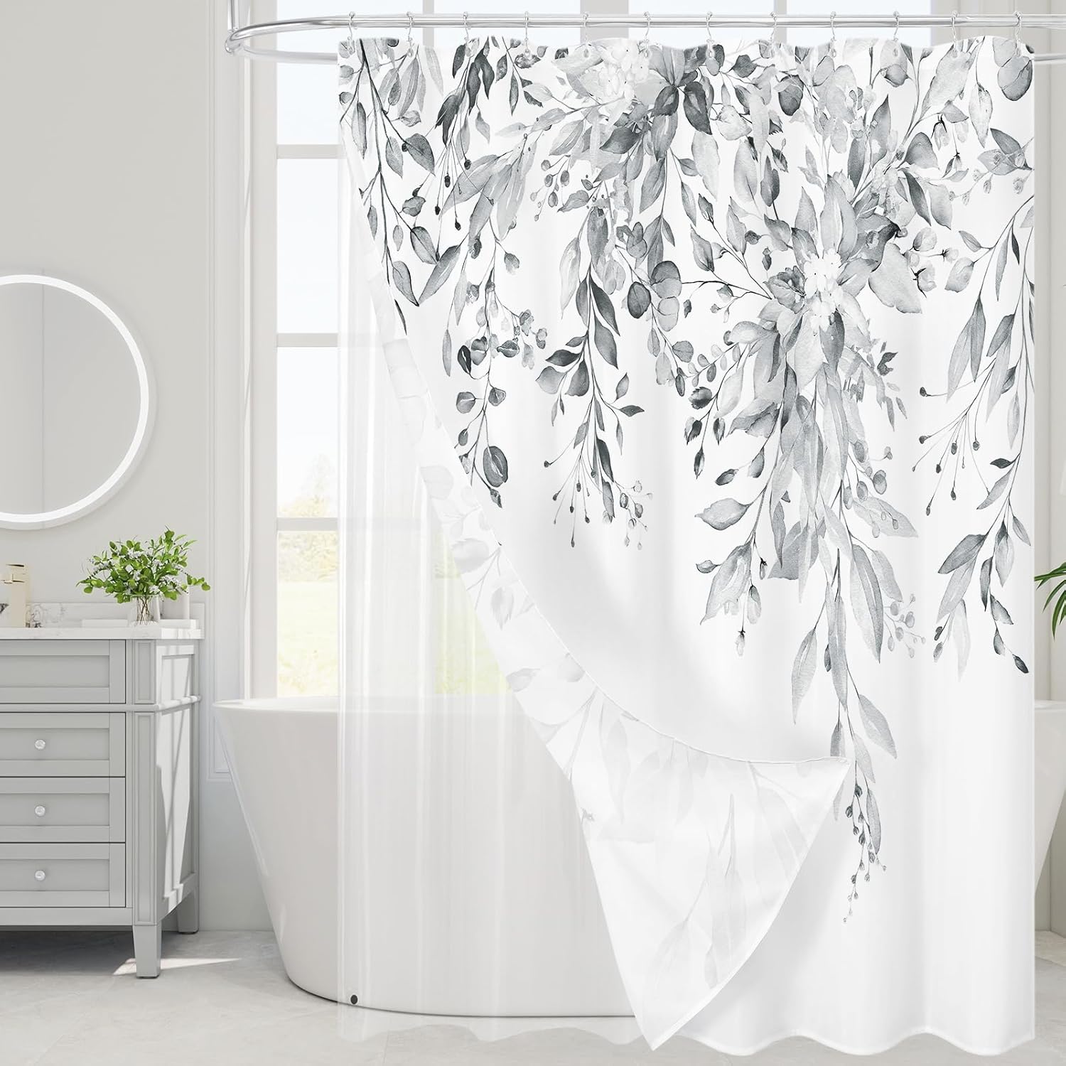 Grey Eucalyptus Shower Curtain, Watercolor Plant Leaves with Floral Bathroom Shower Curtain Set, Gray White, 72x72