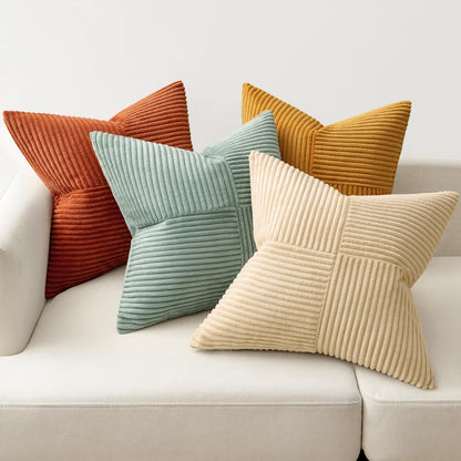 MIULEE Teal Orange Decorative Throw Pillow Covers 18x18 Inch Set of 4 Boho Corduroy Striped Cushion Cases Modern Farmhouse Patchwork Pillow Cases for Couch Sofa Bedroom Home Decor