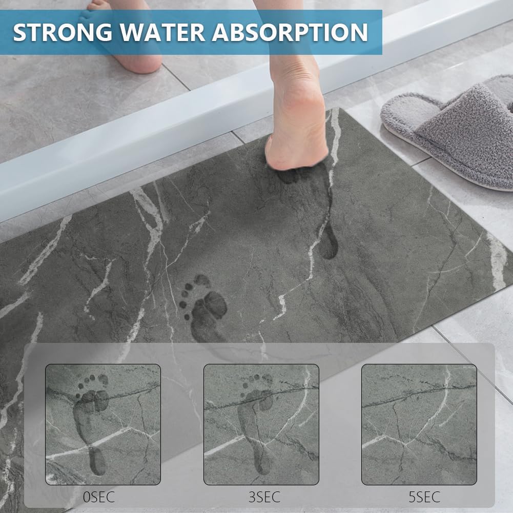 Rug Custom Size-Rubber Non Slip Quick Dry Super Absorbent Thin Rugs Fit Under Door-Washable Bathroom Floor Mats for in Front of Bathtub,Shower Room,Sink, Gray Marble, 3' x 5'