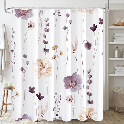 Watercolor Floral Shower Curtain, Sage Green Beige Flower Shower Curtain for Bathroom, Modern Minimalist White Waterproof Fabric Shower Curtain Set 72x72 Inch