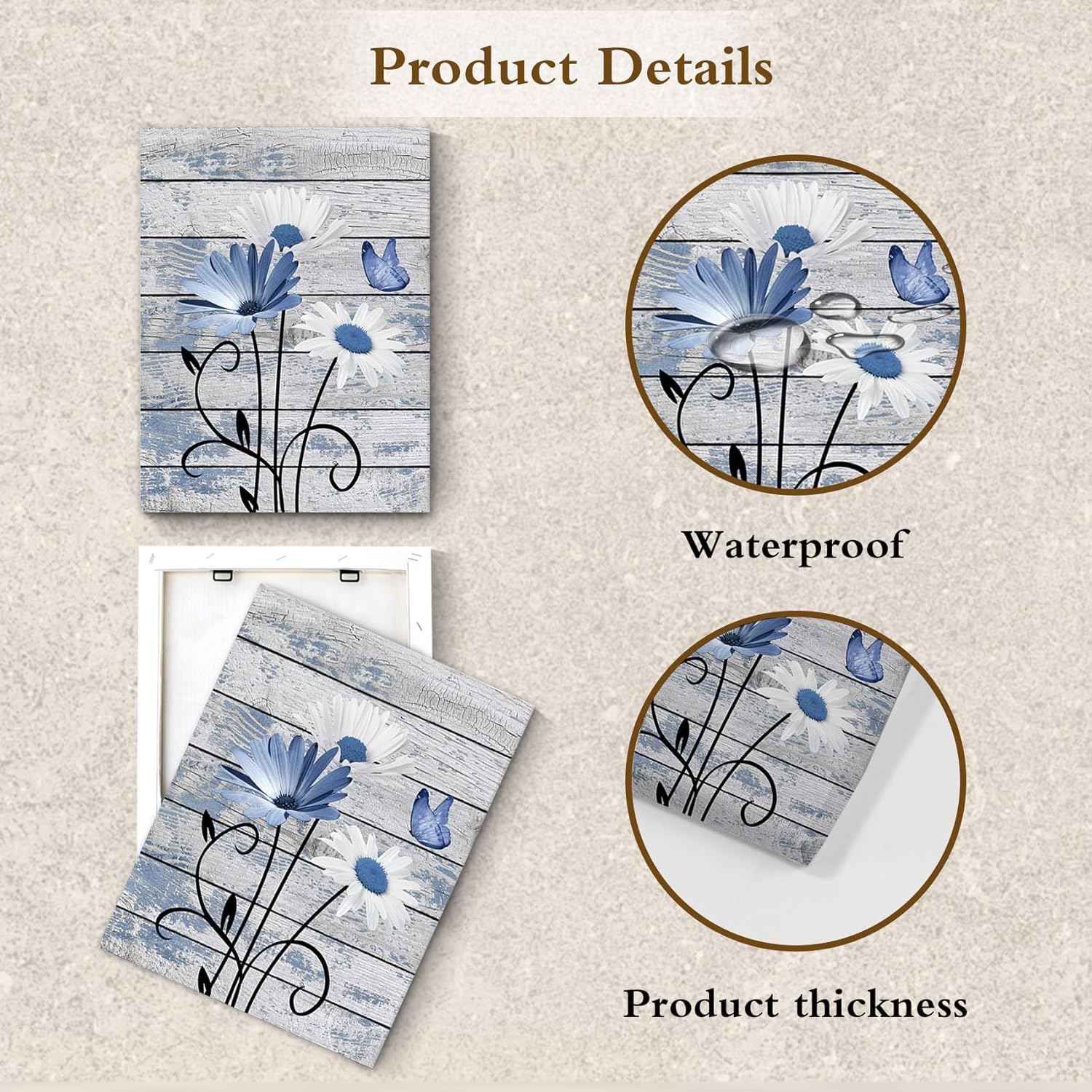 Farmhouse Floral Wall Art for Living Room, Blue and White Daisy Flower and Butterfly on Rustic Wood Board Canvas Wall Art Framed Artwork Ready to Hang for Bathroom Bedroom Decor, 16L X 12W