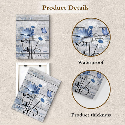 Farmhouse Floral Wall Art for Living Room, Blue and White Daisy Flower and Butterfly on Rustic Wood Board Canvas Wall Art Framed Artwork Ready to Hang for Bathroom Bedroom Decor, 16L X 12W