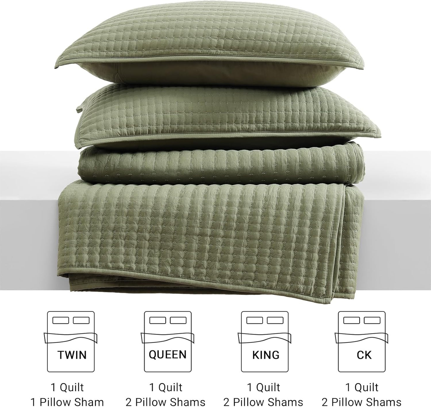 Queen Quilt-3 Pieces Lightweight Bedspreads Olive Green Queen Size Quilt Bedding Set for All Seasons, Soft Summer Coverlet with 2 Pillow Shams Suitable for Bed & Couch