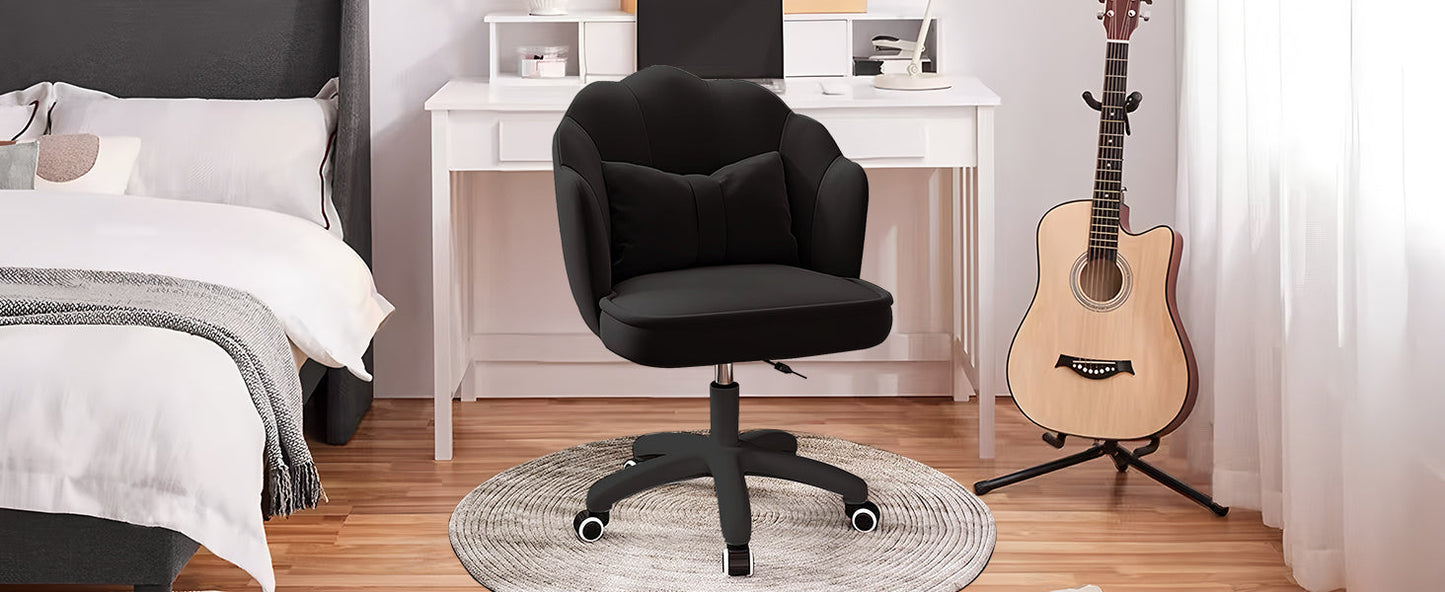 Chair with Bow Cushion Velvet Vanity Chair with Wheels, Upholstered Home Office Chair for Girls Women, Mid-Back Swivel Computer Task Chairs for Living Room Bedroom