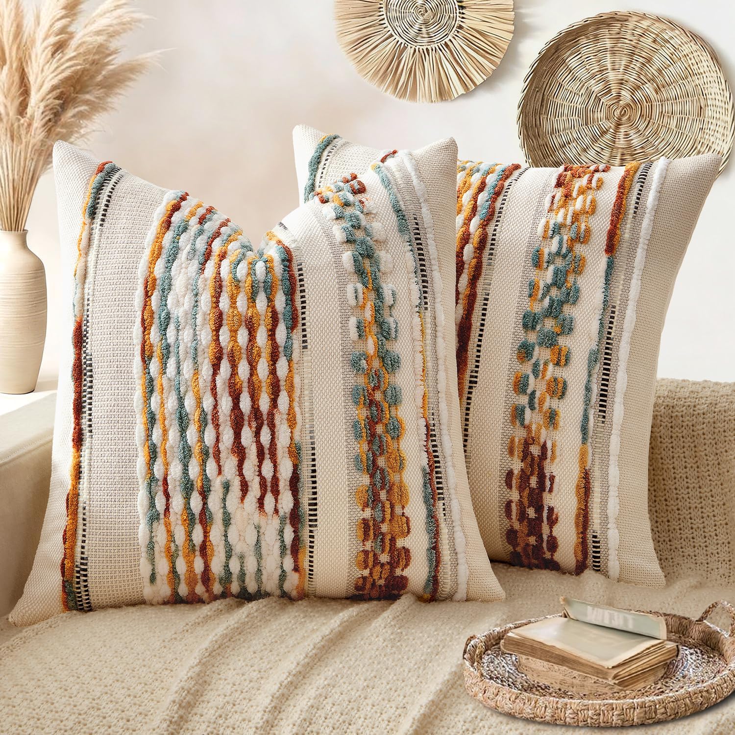 ANRODUO Pack of 2 Boho Decorative Throw Pillow Covers 18x18 Farmhouse Cushion Case Striped Chenille Pillow Cases Square Pillow Covers Accent Neutral Pillowcase for Sofa Couch Bed, Olive Green Stripe