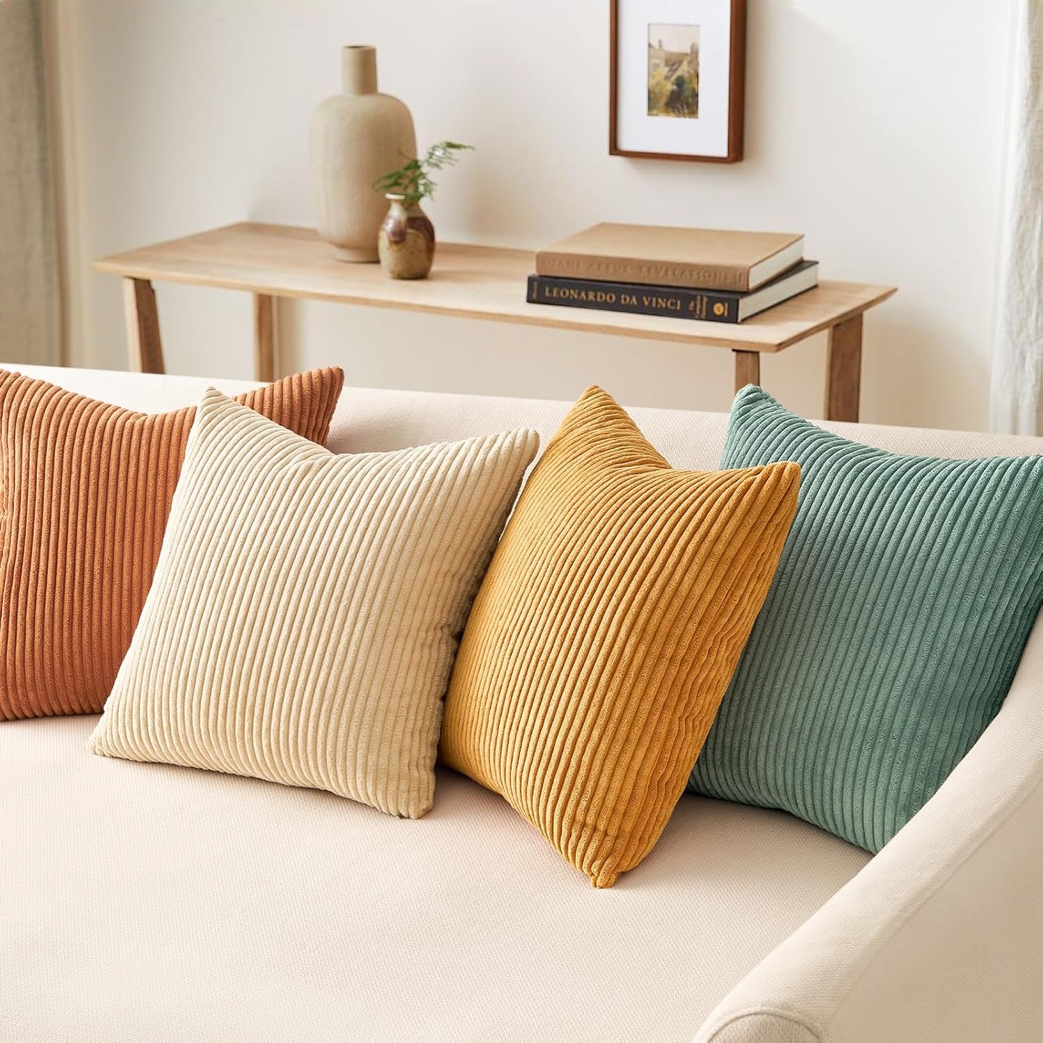 Throw Pillow Covers Cushion Cases, Set of 4 Soft Velvet Modern Double-Sided Designs, Mix and Match for Boho Farmhouse Fall Home Decor (18x18 inch, Orange/Teal)
