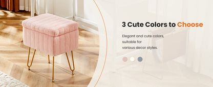 Vanity Stool Chair with Storage, 18.9”H x 16”L x 12.2”W Ottoman Chair Faux Fur Soft Padded Makeup Footstools Seat with 4 Metal Legs Anti-Slip Adjustable Feet for Make Up, Pink