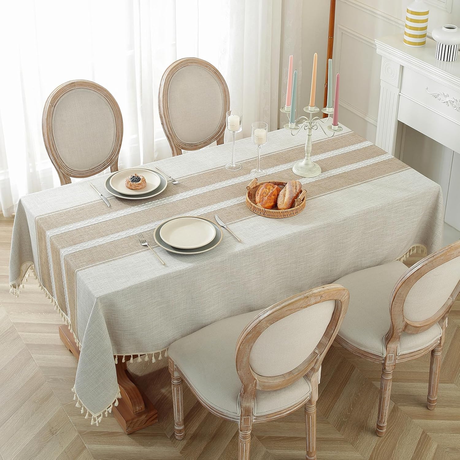 Cotton Linen Waterproof Table Cloth for Dining Table Farmhouse Kitchen Rectangle Tablecloth Coffee Wrinkle Free Tables Cover, Beige, Coffee Flower, 55x70 Inch