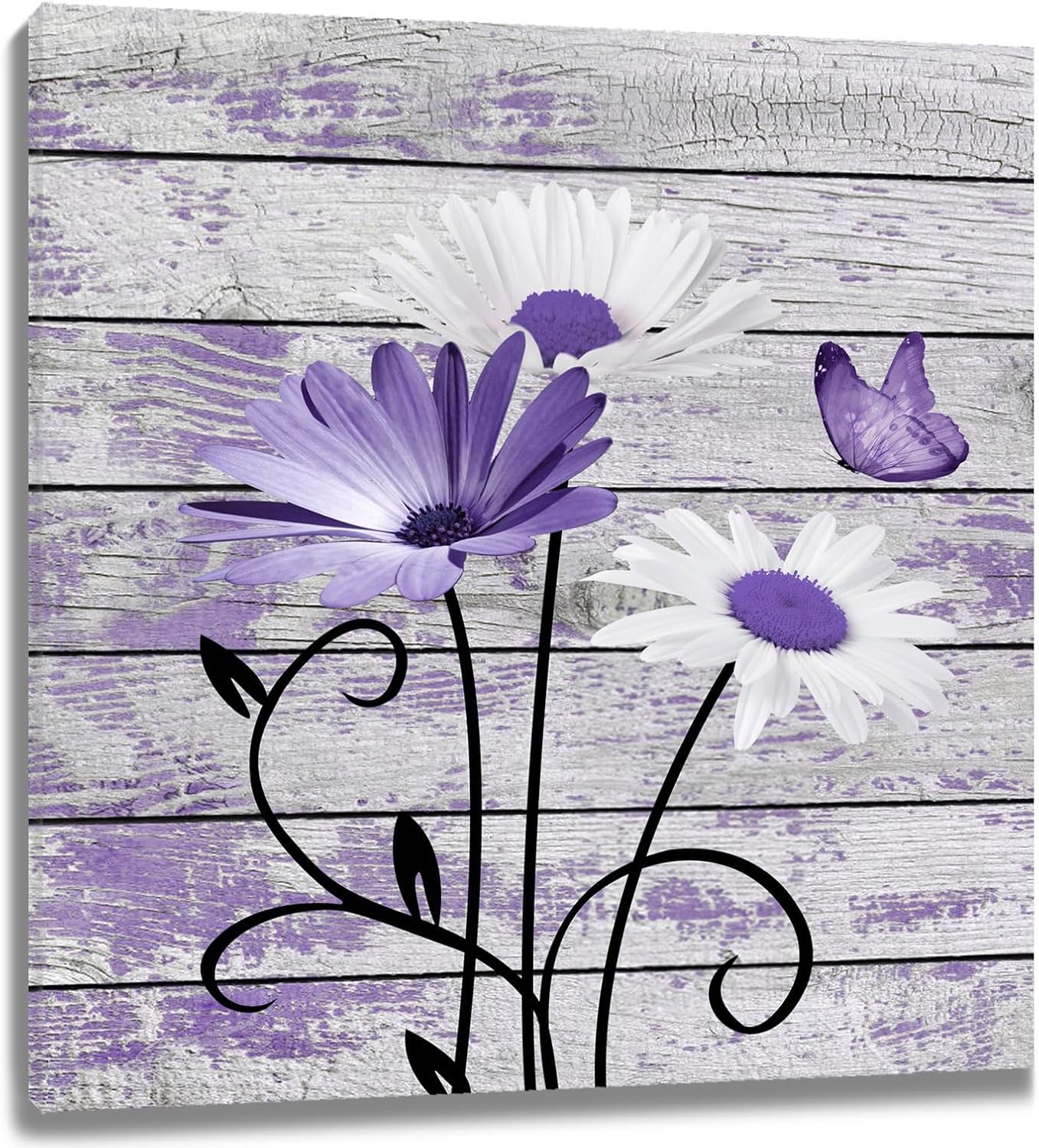 Farmhouse Floral Wall Art for Living Room, Blue and White Daisy Flower and Butterfly on Rustic Wood Board Canvas Wall Art Framed Artwork Ready to Hang for Bathroom Bedroom Decor, 16L X 12W