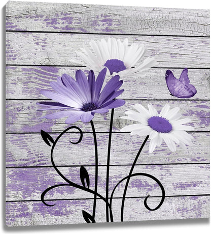 Farmhouse Floral Wall Art for Living Room, Blue and White Daisy Flower and Butterfly on Rustic Wood Board Canvas Wall Art Framed Artwork Ready to Hang for Bathroom Bedroom Decor, 16L X 12W