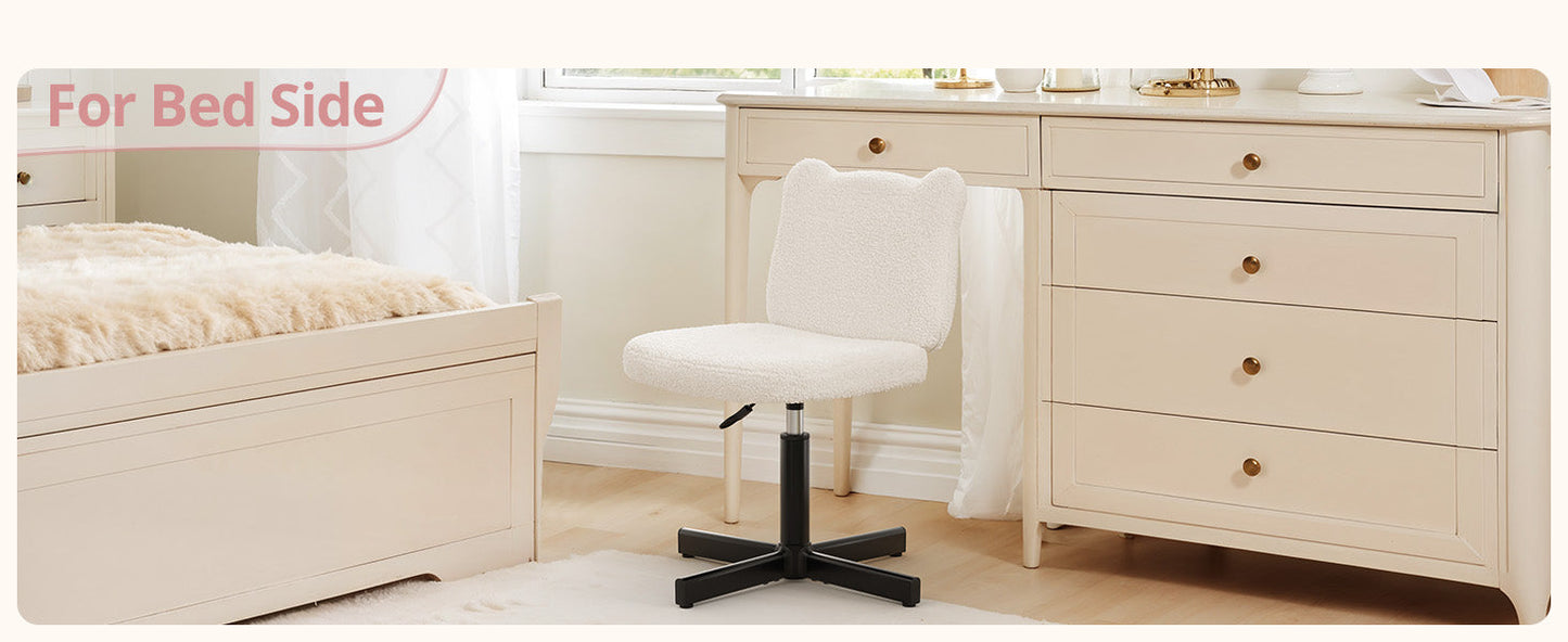Adjustable Vanity Stool Chair with Girly Bear Ear Wide Back, 360° Swivel Vanity Stool for Makeup Room, Upholstered Teddy Velvet Ottoman for Teen Girls, 350lbs, Beige