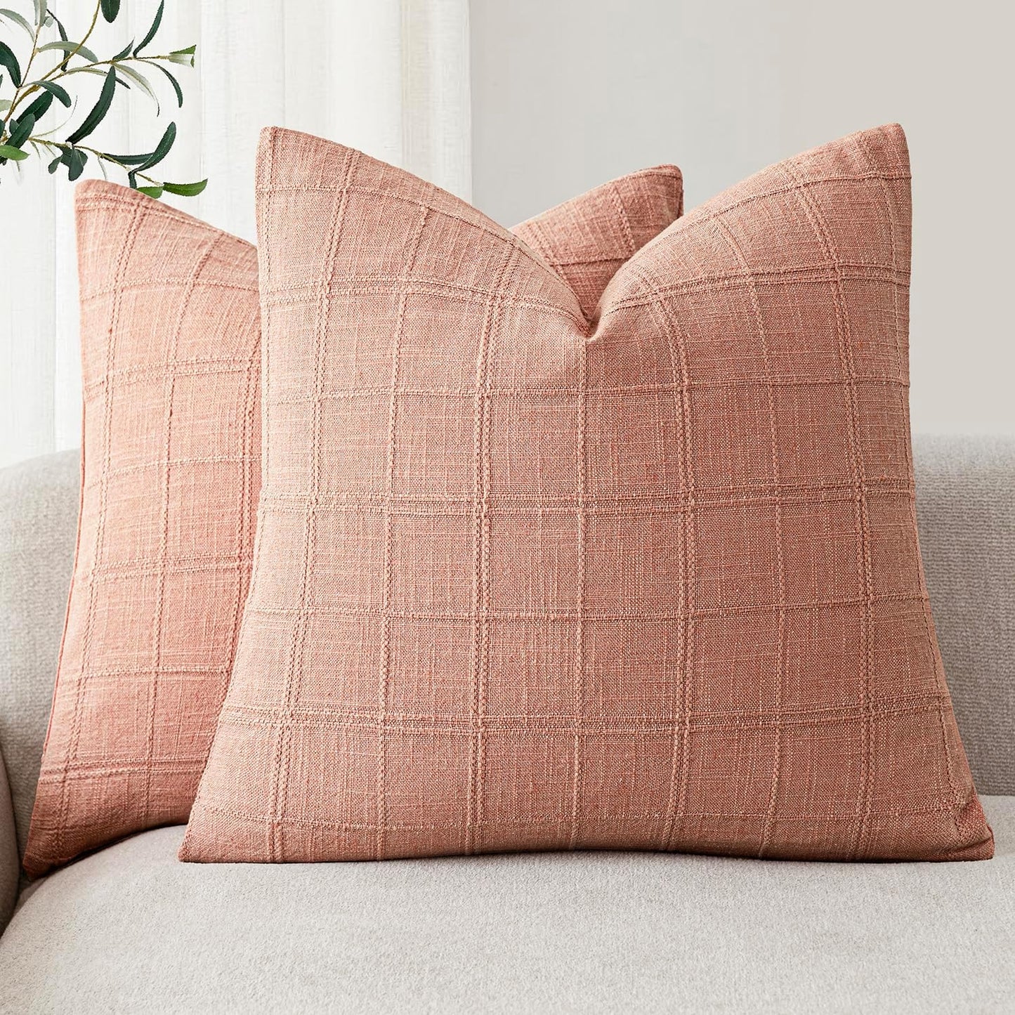Foindtower Set of 2 Decorative Linen Check Throw Pillow Covers Neutral Farmhouse Vintage Cushion Covers Modern Boho Home Decor for Sofa Chair Couch Bedroom Living Room,18×18 Inch,Natural Beige